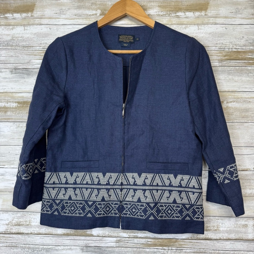 Pendleton Linen Zip Up Jacket Blue Embroidered Trim Women’s Size XS